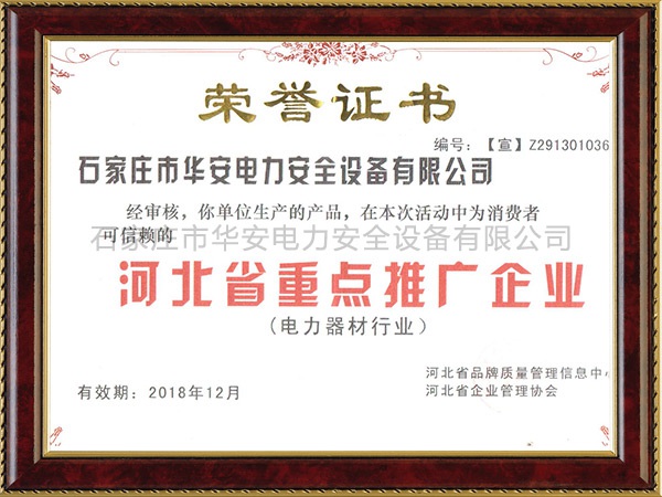 河北省重点推广企业-荣誉证书